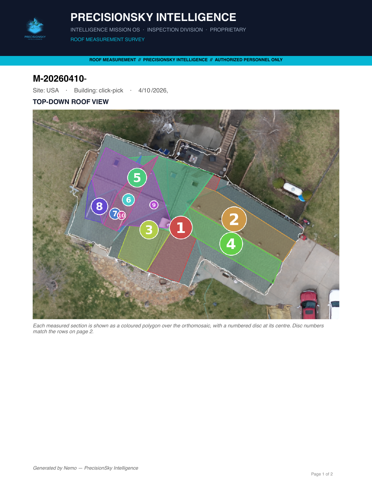 Sample drone roof measurement report page showing labeled roof facets