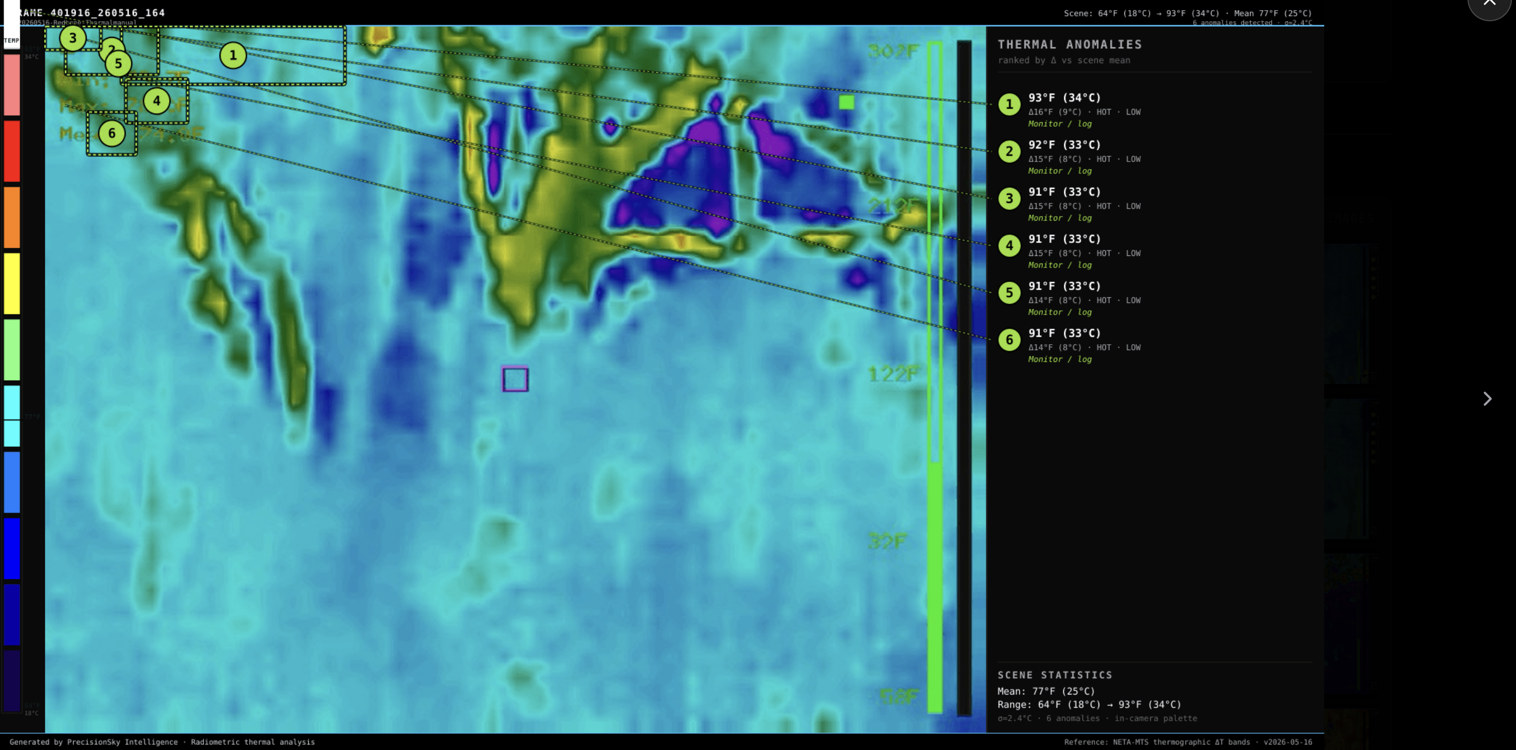 Radiometric thermal drone image with temperature anomalies marked